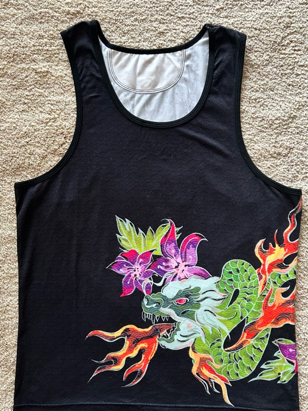 Skull & Bones Size Medium Men's Black Tank Top with Vibrant Dragon Floral Print
